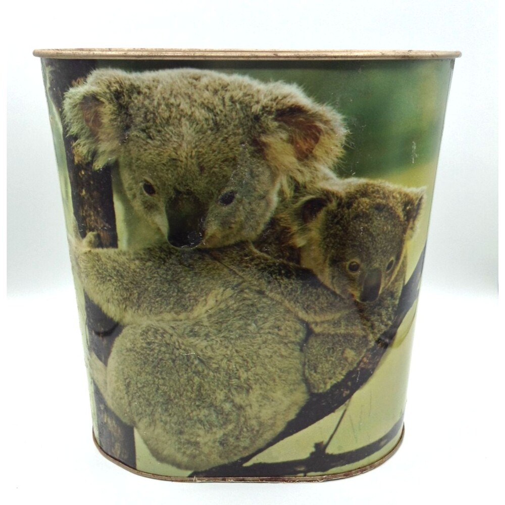 Vtg Metal Trash Can Wastebasket Tole Animal Koala Nature Rustic Decor 11" USA